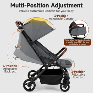 Lightweight Baby Stroller with One-Hand Folding and Adjustable Canopy for Toddlers
