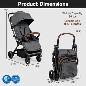 Lightweight Baby Stroller with One-Hand Folding and Adjustable Canopy for Toddlers