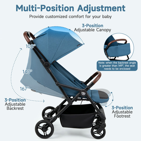 Lightweight Baby Stroller with One-Hand Folding and Adjustable Canopy for Toddlers