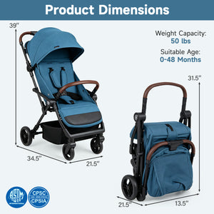 Lightweight Baby Stroller with One-Hand Folding and Adjustable Canopy for Toddlers