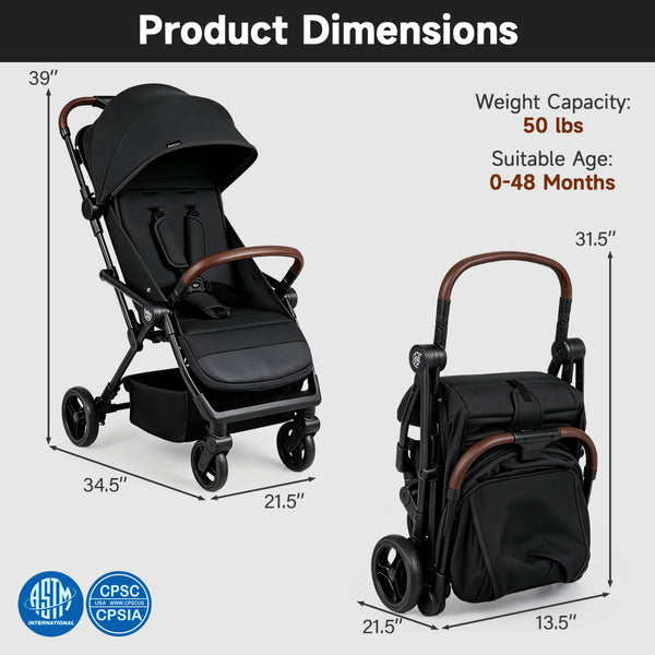 Lightweight Baby Stroller with One-Hand Folding and Adjustable Canopy for Toddlers