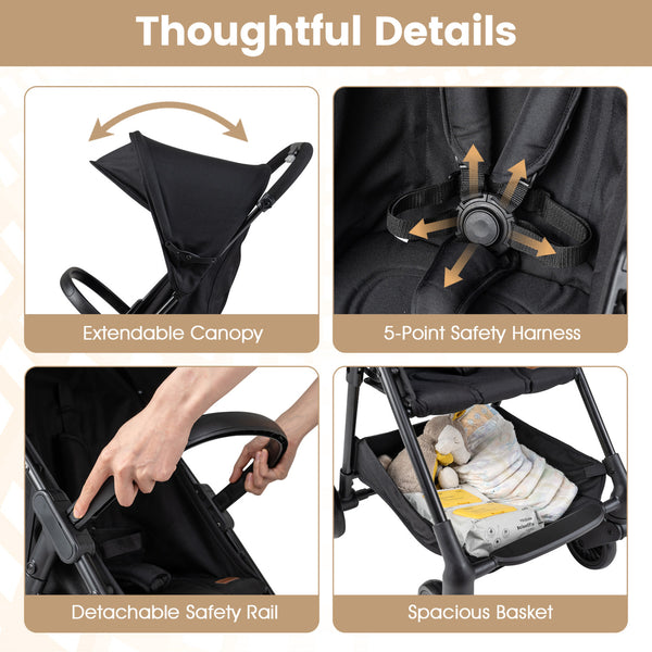 Lightweight Travel Stroller with Canopy and Under-Seat Basket for Baby and Toddler
