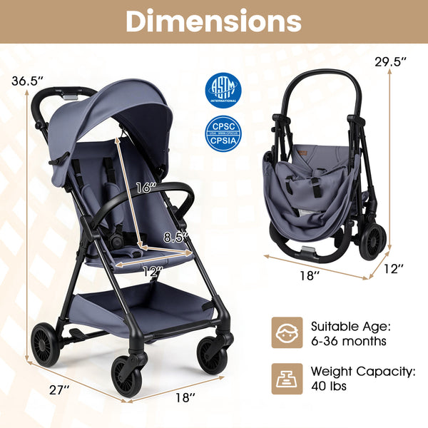 Lightweight Travel Stroller with Canopy and Under-Seat Basket for Baby and Toddler