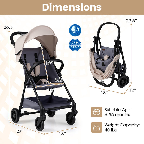Lightweight Travel Stroller with Canopy and Under-Seat Basket for Baby and Toddler