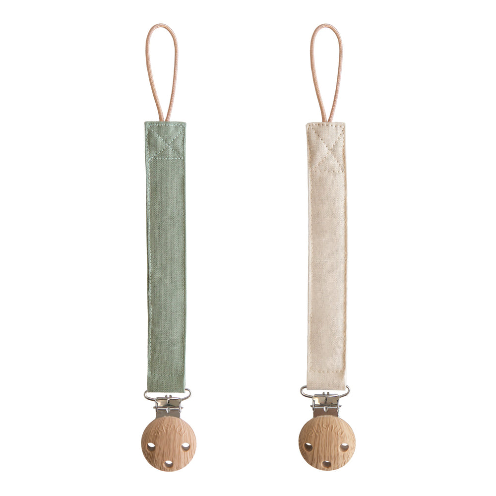 Mushie Linen Pacifier Clip 2-Pack linen clips faux wood clasp
