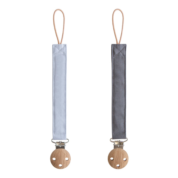 Mushie Linen Pacifier Clip 2-Pack linen clips faux wood clasp