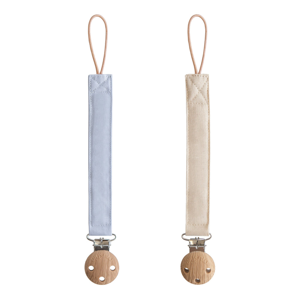 Mushie Linen Pacifier Clip 2-Pack linen clips faux wood clasp