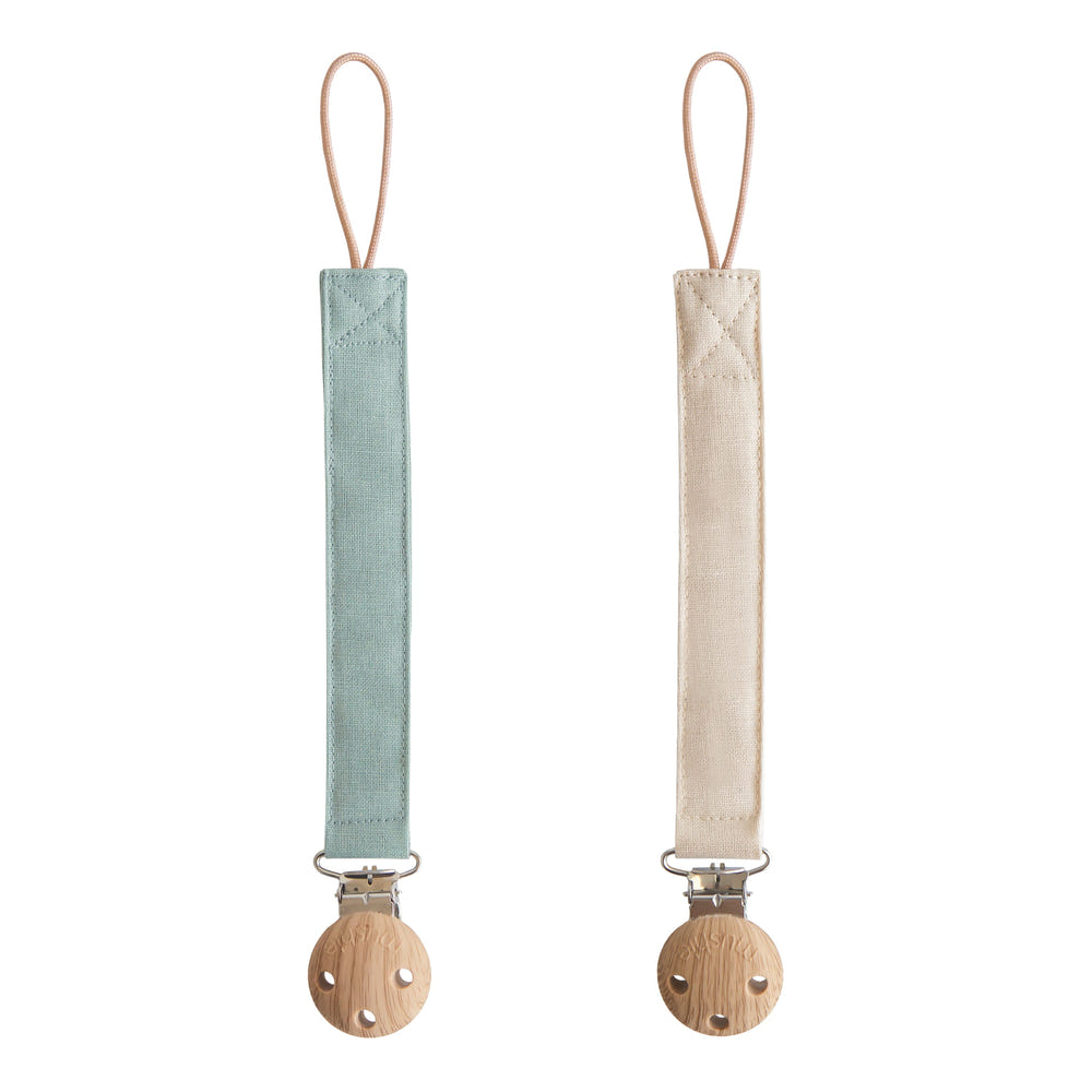 Mushie Linen Pacifier Clip 2-Pack linen clips faux wood clasp