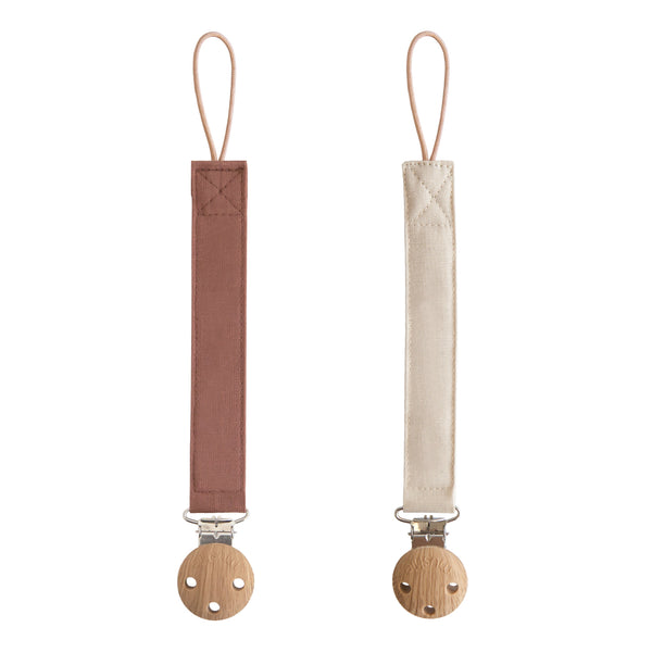 Mushie Linen Pacifier Clip 2-Pack linen clips faux wood clasp