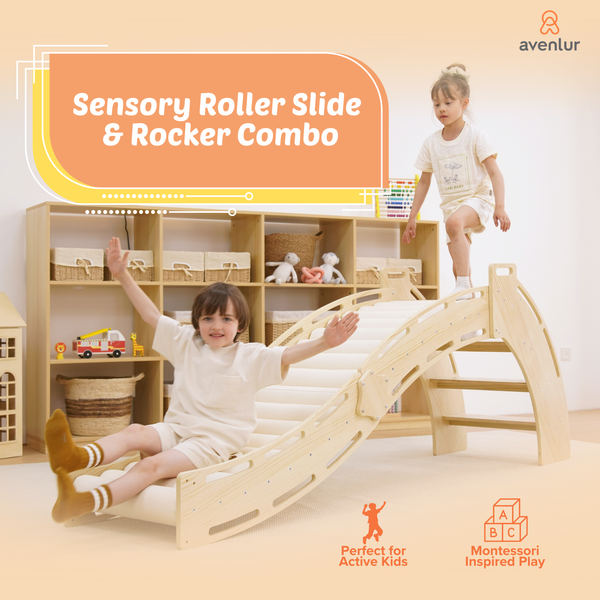 Sensory Roller Slide & Rocker Combo for babies, showcasing playful design and vibrant colors from angle 2.