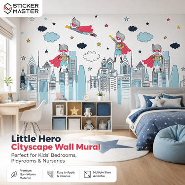 Little Hero Cityscape Wall Mural | Superhero Kids Room Wallpaper Decor