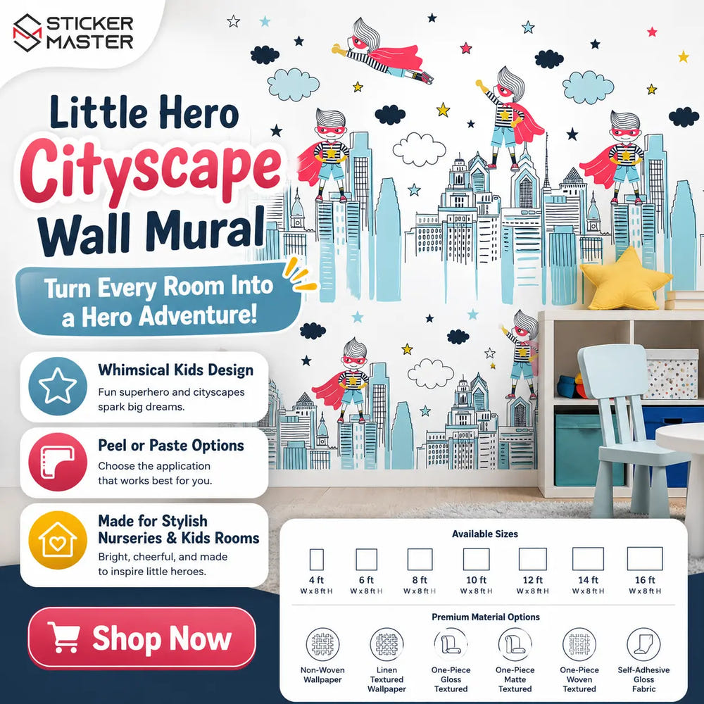Little Hero Cityscape Wall Mural | Superhero Kids Room Wallpaper Decor