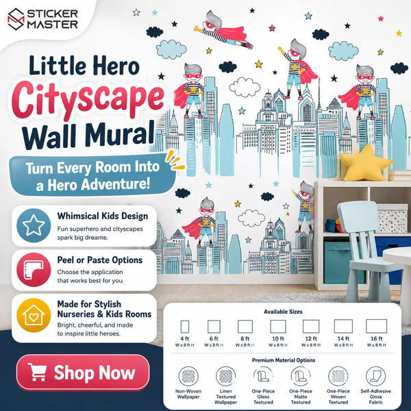 Little Hero Cityscape Wall Mural | Superhero Kids Room Wallpaper Decor