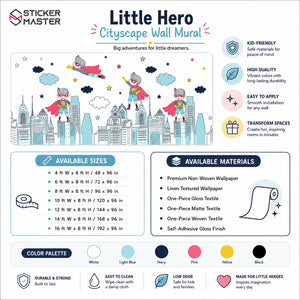 Little Hero Cityscape Wall Mural | Superhero Kids Room Wallpaper Decor