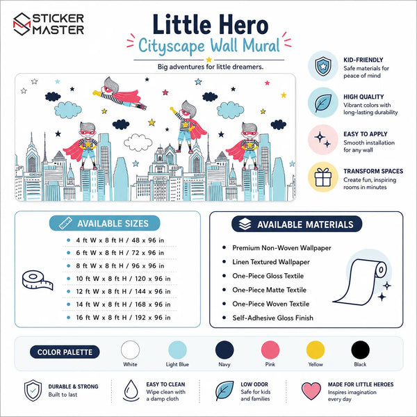 Little Hero Cityscape Wall Mural | Superhero Kids Room Wallpaper Decor