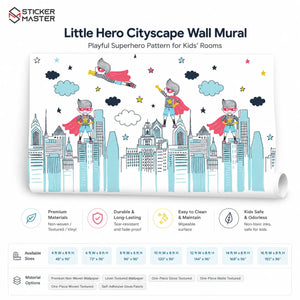 Little Hero Cityscape Wall Mural | Superhero Kids Room Wallpaper Decor