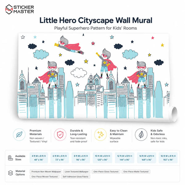 Little Hero Cityscape Wall Mural | Superhero Kids Room Wallpaper Decor