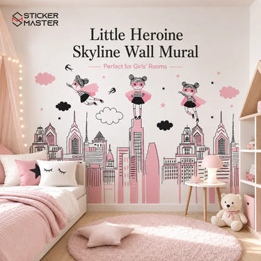 Little Heroine Skyline Wall Mural | Pink Girls Bedroom Wallpaper Decor