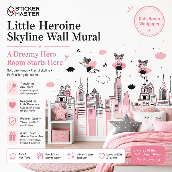 Little Heroine Skyline Wall Mural | Pink Girls Bedroom Wallpaper Decor