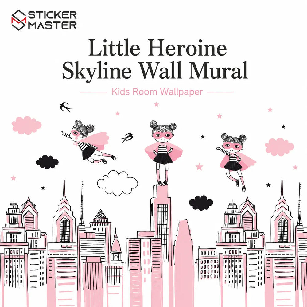 Little Heroine Skyline Wall Mural | Pink Girls Bedroom Wallpaper Decor