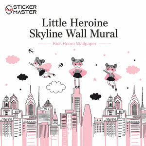 Little Heroine Skyline Wall Mural | Pink Girls Bedroom Wallpaper Decor