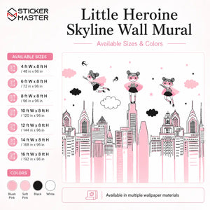 Little Heroine Skyline Wall Mural | Pink Girls Bedroom Wallpaper Decor