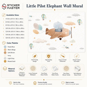 Little Pilot Elephant Wall Mural for Kids & Nursery by Sticker Master