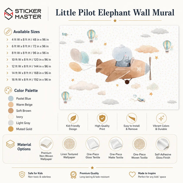 Little Pilot Elephant Wall Mural for Kids & Nursery by Sticker Master