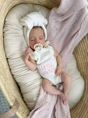 Newborn Knit Romper Set – Hello World, LITTLE SISTER and LITTLE BROTHER Embroidered Baby Outfit with Hat & Booties or Headband | Soft Coming Home Outfit