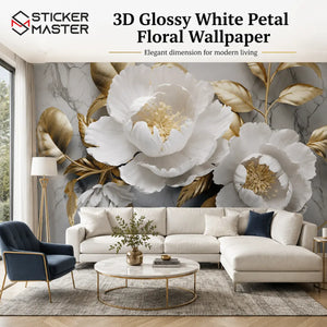 3D Glossy White Petal Floral Wallpaper / Gold Marble Wall Mural by Sticker Master