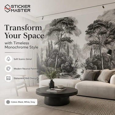 Timeless Black & White Forest Path Wall Mural Wallpaper by Sticker Master