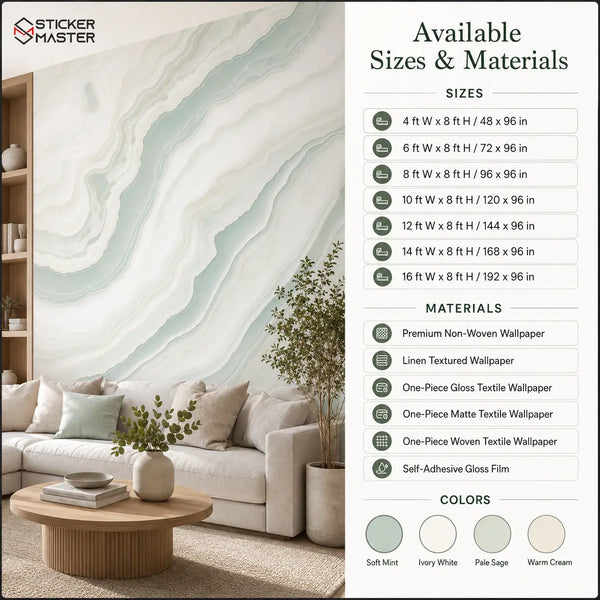 Soft Mint Agate Marble Wallpaper Mural / Luxury Pale Sage Wall Decor by Sticker Master