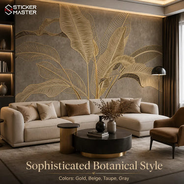Golden Beige Stylized Leaf Wallpaper for Bedroom & Living Room Walls by Sticker Master