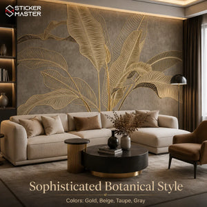 Golden Beige Stylized Leaf Wallpaper for Bedroom & Living Room Walls by Sticker Master