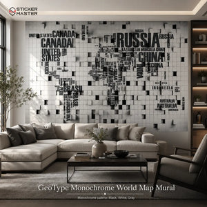 GeoType Monochrome World Map Mural / 3D Cube Wallpaper by Sticker Master