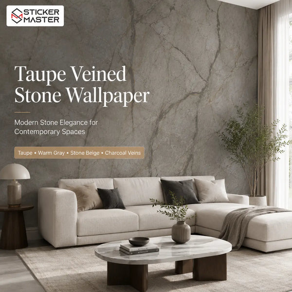 Taupe Veined Stone Wallpaper / Neutral Stone Mural for Modern Homes by Sticker Master