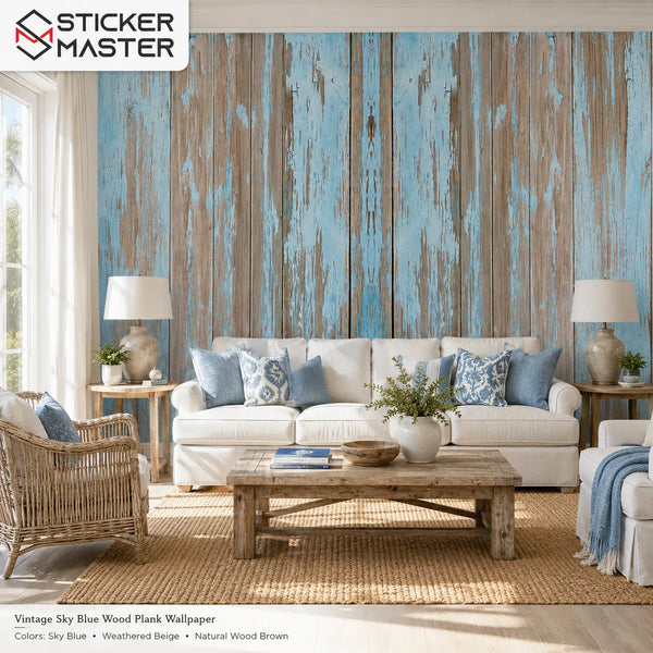 Vintage Sky Blue Wood Plank Wallpaper / Rustic Wood Wall Mural by Sticker Master