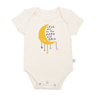 Graphic short sleeve bodysuit for babies featuring a moon and back design. Perfect for comfort and style.