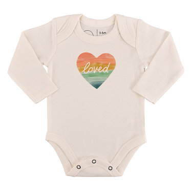 Long sleeve graphic bodysuit featuring a loved rainbow heart design for babies.