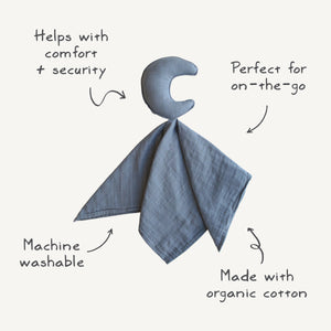 Soft Moon Lovey Blanket for babies, featuring a cozy design and soothing colors, perfect for comfort and security.