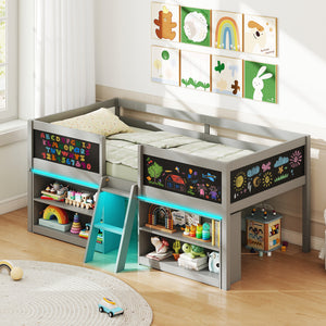 Low Loft Bed with LED Lights Kid's Cabin Bed with Bookcases