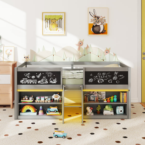 Low Loft Bed with LED Lights Kid's Cabin Bed with Bookcases