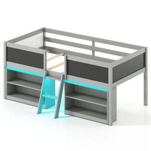 Low Loft Bed with LED Lights Kid's Cabin Bed with Bookcases