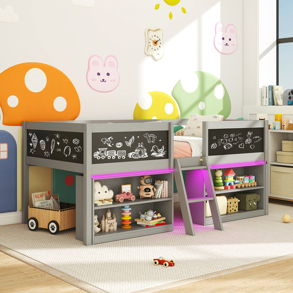 Low Loft Bed with LED Lights Kid's Cabin Bed with Bookcases