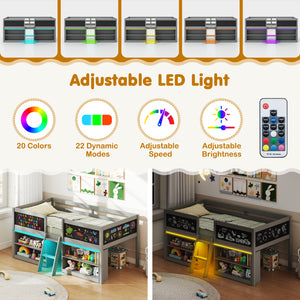 Low Loft Bed with LED Lights Kid's Cabin Bed with Bookcases