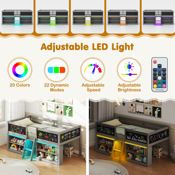 Low Loft Bed with LED Lights Kid's Cabin Bed with Bookcases