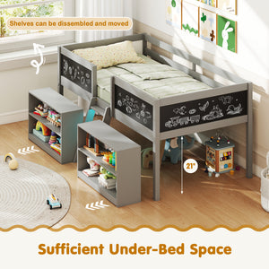 Low Loft Bed with LED Lights Kid's Cabin Bed with Bookcases