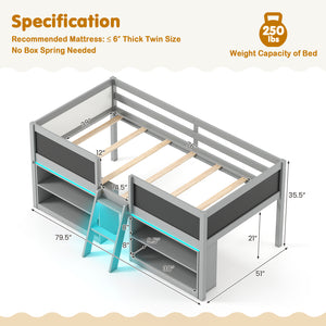 Low Loft Bed with LED Lights Kid's Cabin Bed with Bookcases