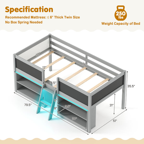 Low Loft Bed with LED Lights Kid's Cabin Bed with Bookcases