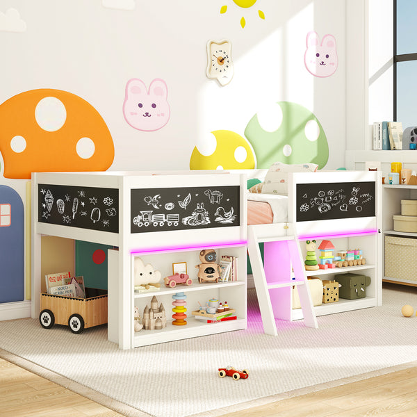 Low Loft Bed with LED Lights Kid's Cabin Bed with Bookcases